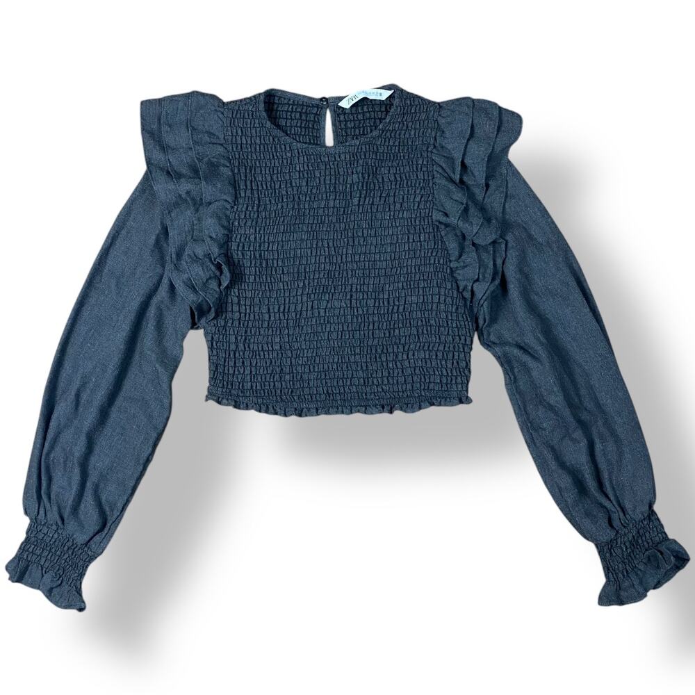 Zara Stretchy Ruffle‎ Sleeve Cropped Top Womens Size XS Gray Boho